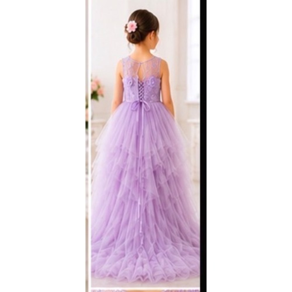 Girls Lavender High Low Flower Girl Dress Lace Tulle Pageant Wedding Train - Picture 2 of 9